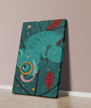 Colorful Chameleon on Tree Branch with Abstract Leaves
