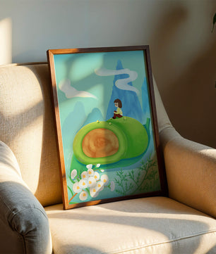 Serene Landscape with Child Sitting on Giant Leaf in Mountainous Fantasy Setting