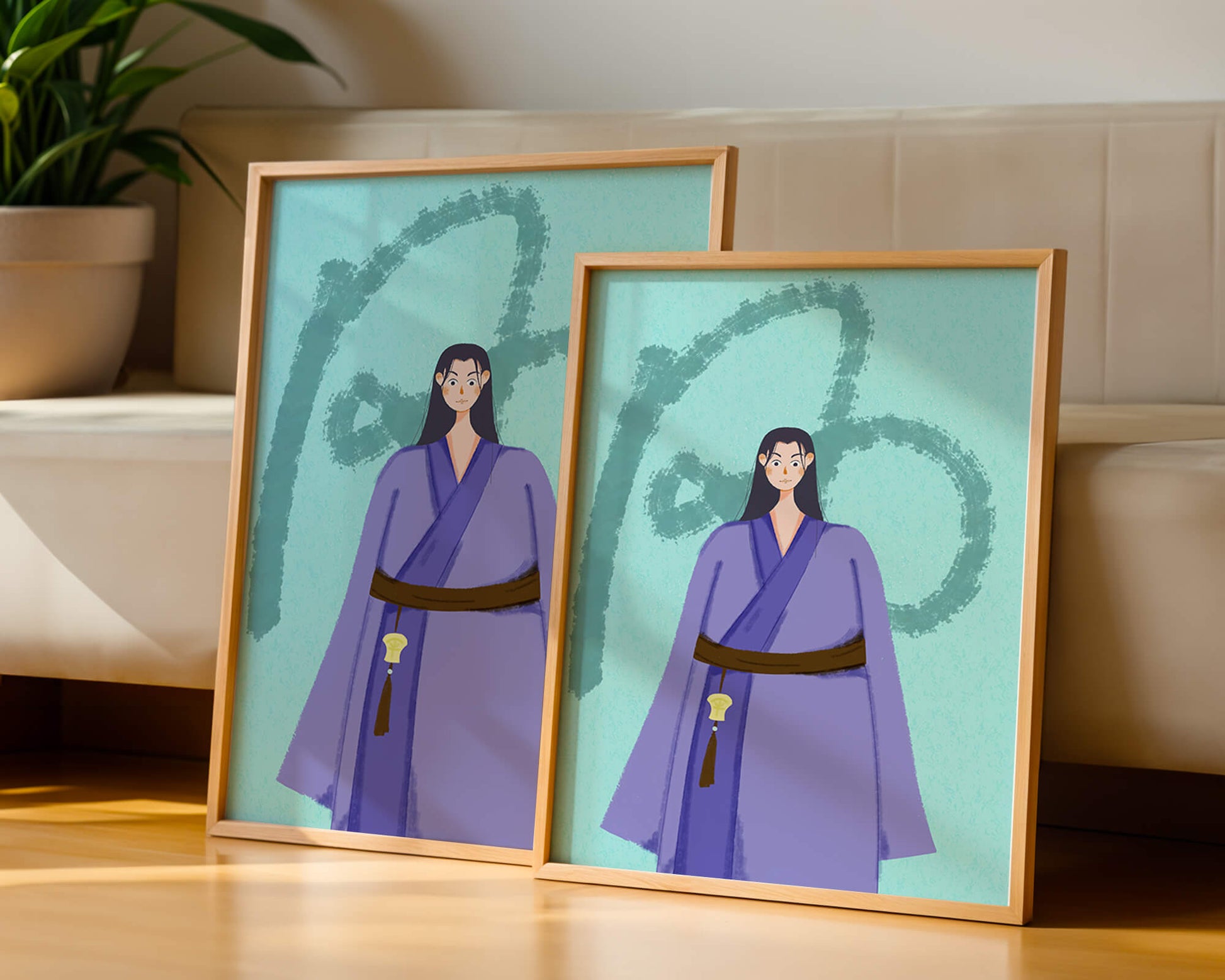 Character in traditional attire on textured background