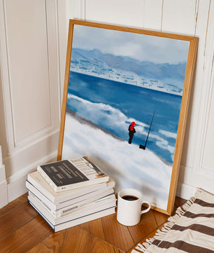 Winterlandschaft mit Person in roter Jacke am Meer