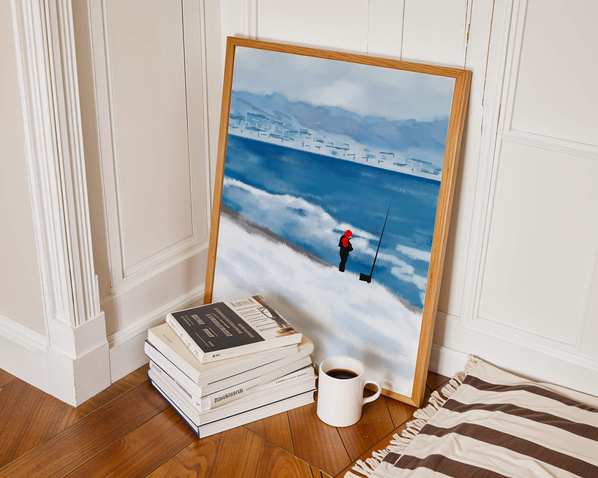 Winterlandschaft mit Person in roter Jacke am Meer