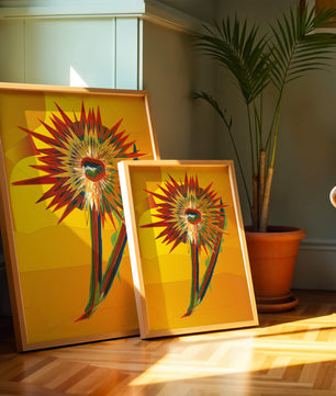 Abstract vibrant sunflower art with dynamic geometric shapes