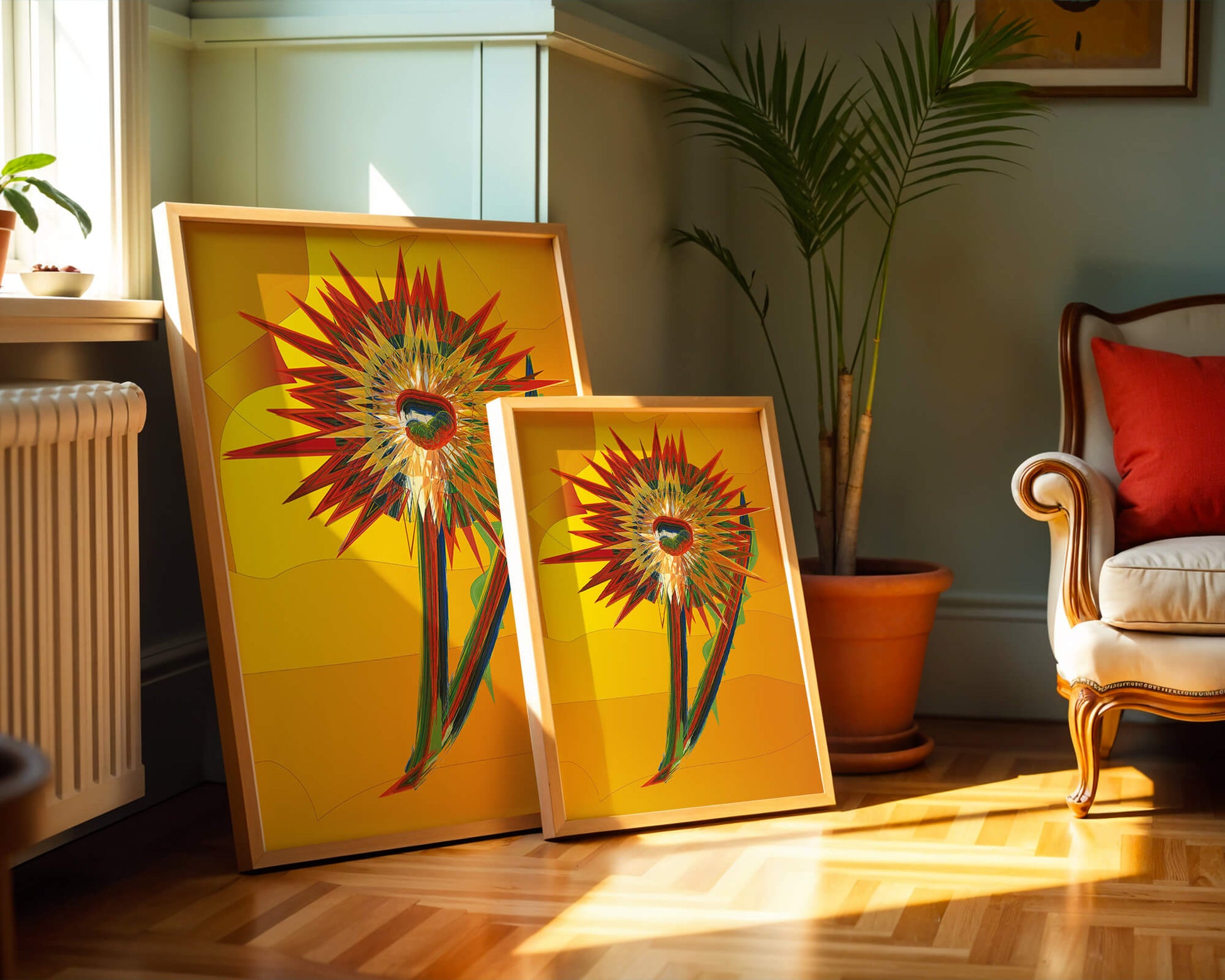 Abstract vibrant sunflower art with dynamic geometric shapes