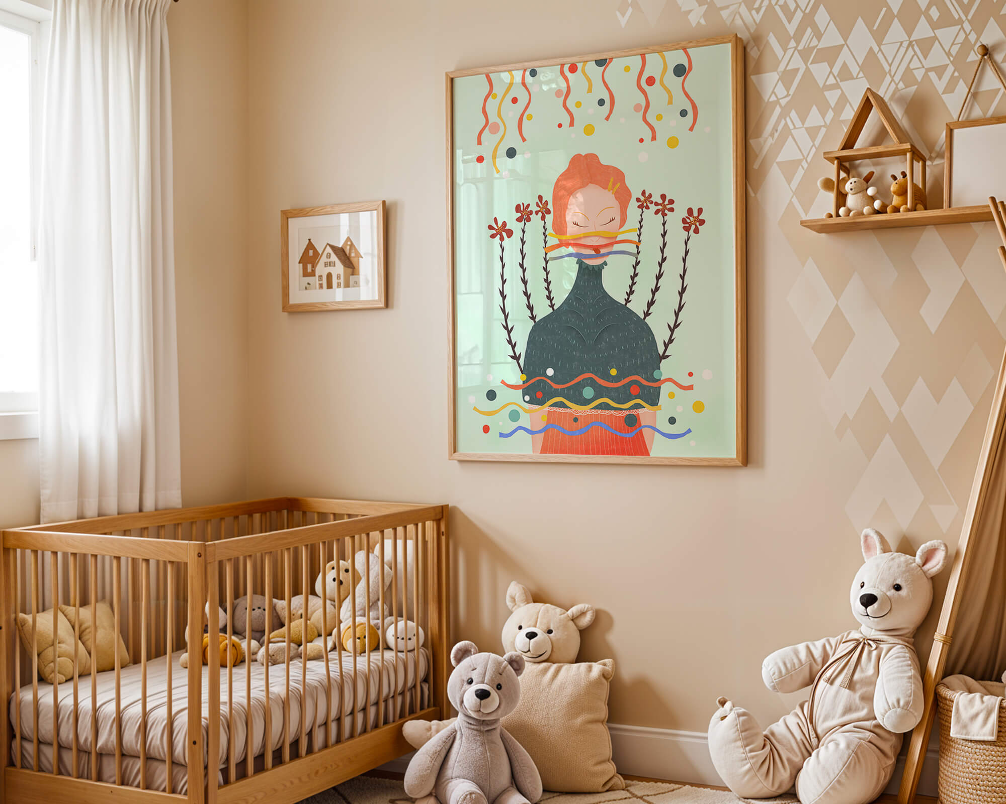 Whimsical Abstract Art of a Woman with Flowers and Streamers - Mi tienda