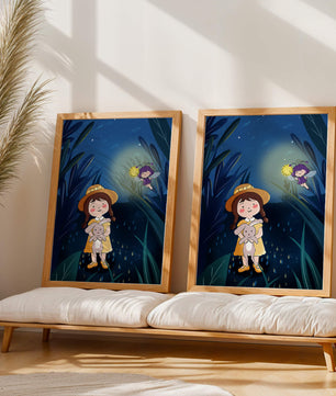 Ilustración de una chica en un bosque con una luciérnaga mágica por la noche