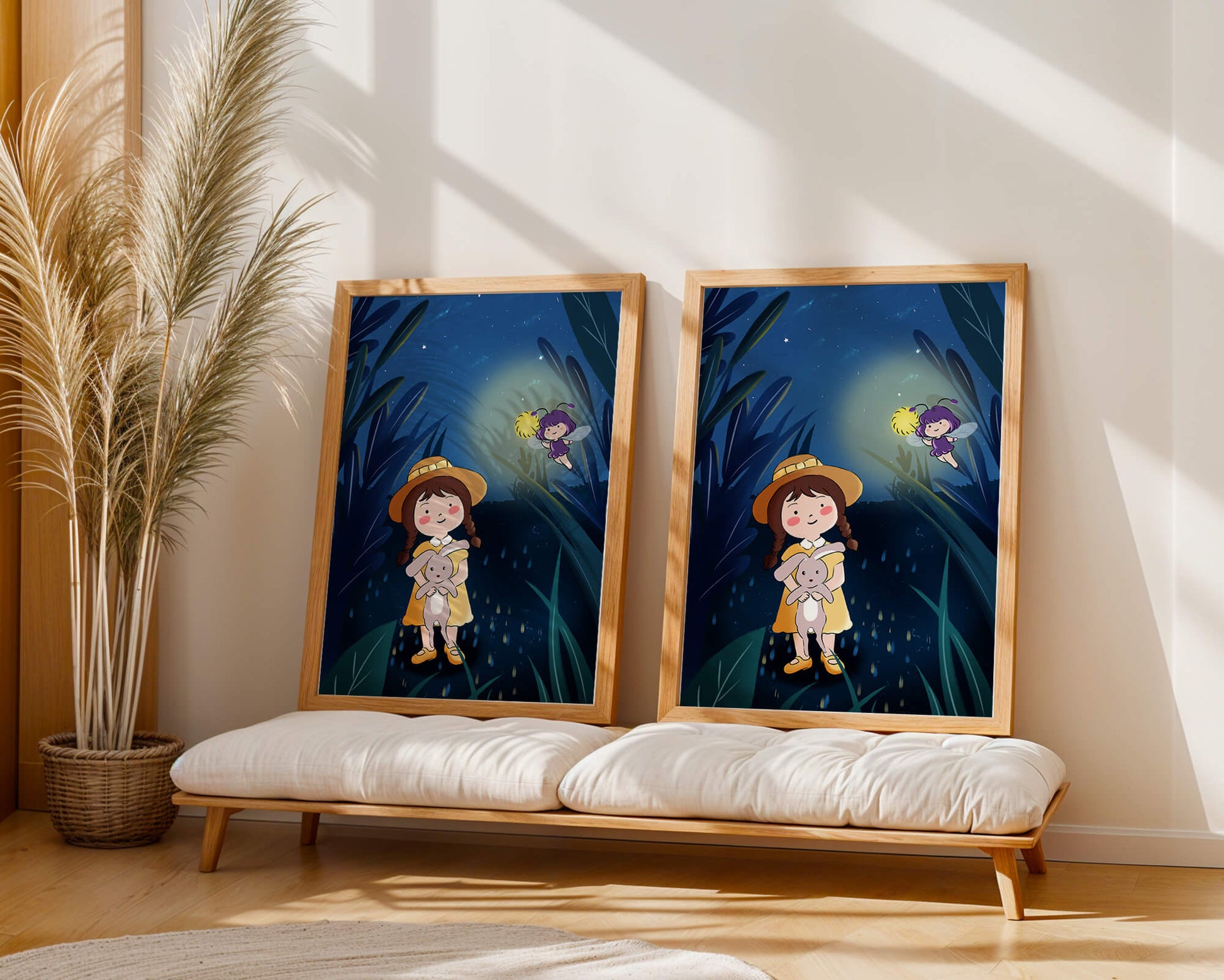 Ilustración de una chica en un bosque con una luciérnaga mágica por la noche