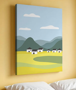 Pastoral Landscape with Mountains and Houses Under Blue Sky