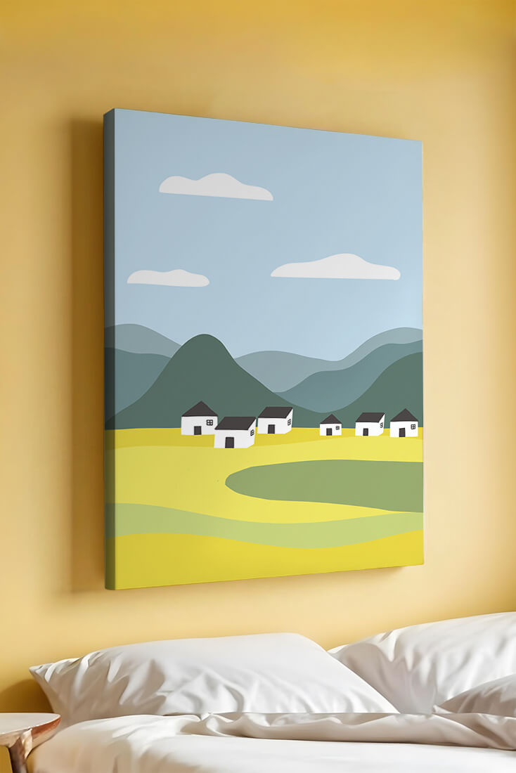 Pastoral Landscape with Mountains and Houses Under Blue Sky