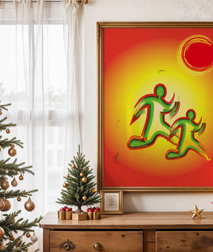 Abstract colorful figures under a vibrant sun with warm tones