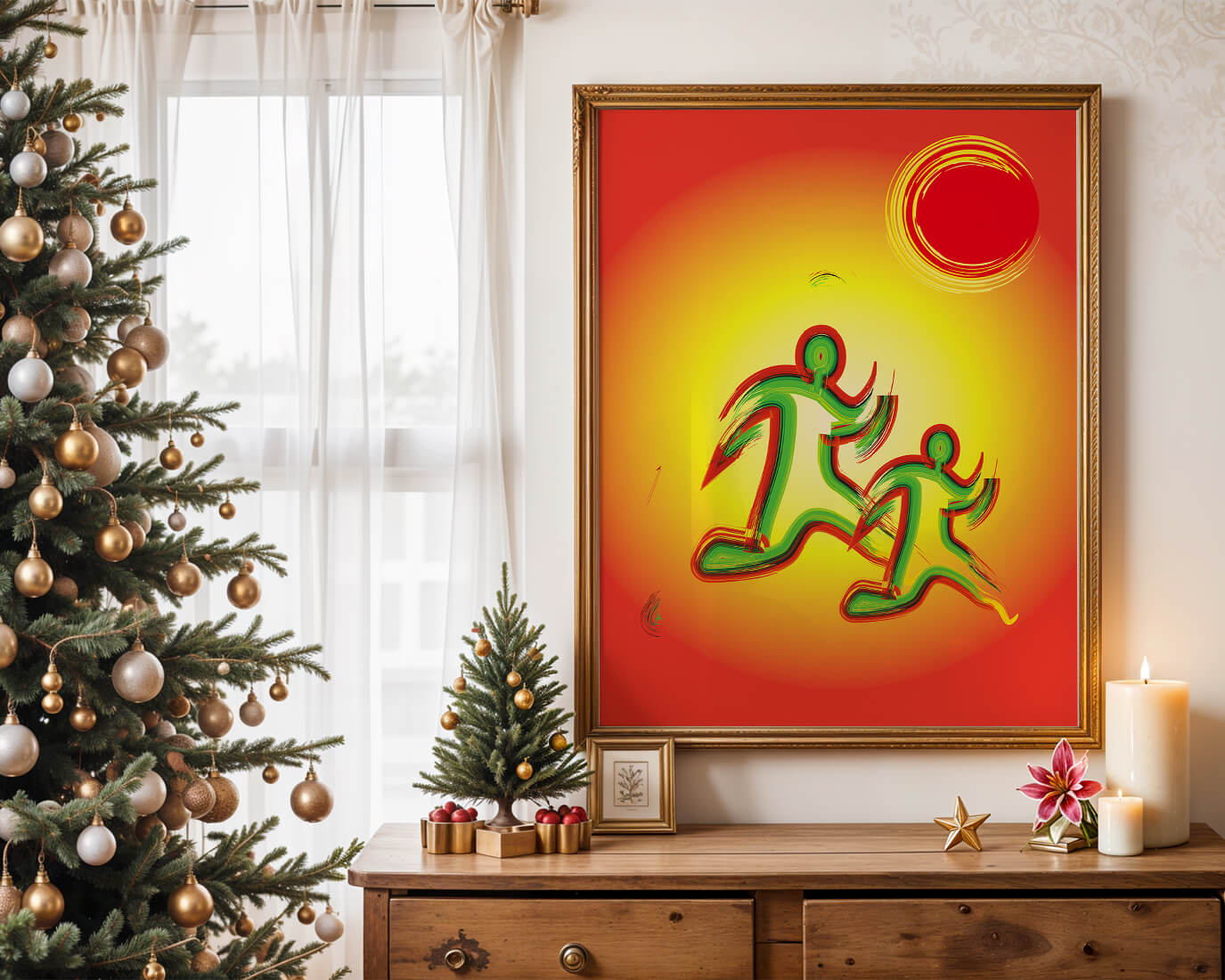 Abstract colorful figures under a vibrant sun with warm tones