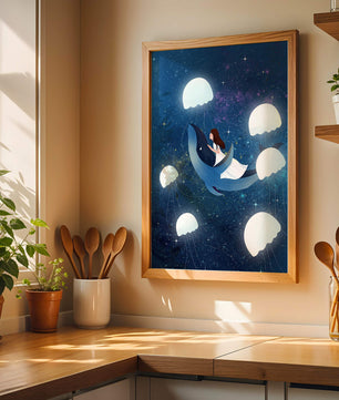 Dreamlike scene of a girl riding a whale among jellyfish in space