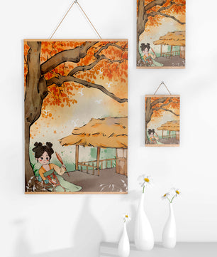 Escena de otoño con ilustración en estilo asiático tradicional