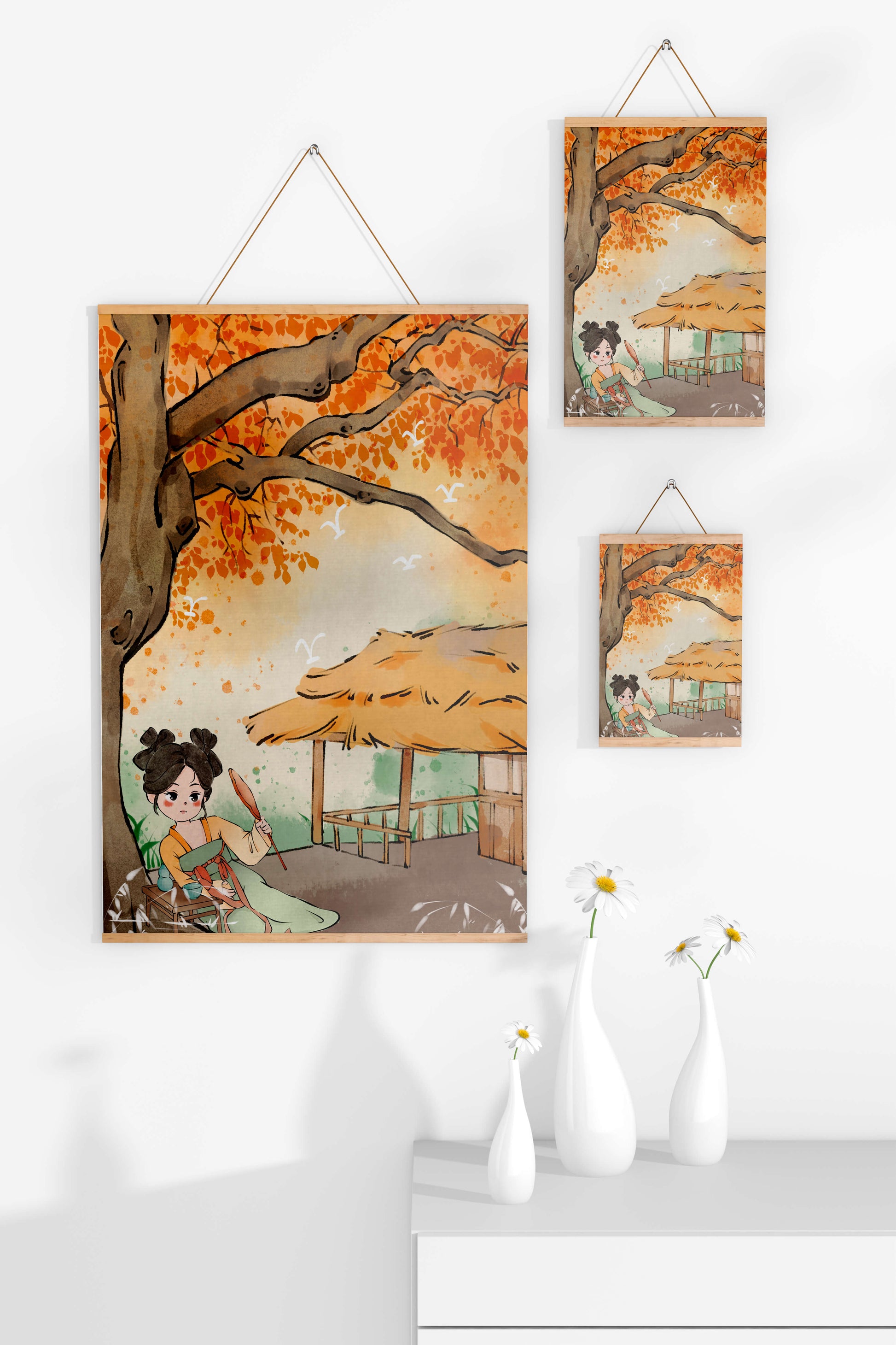 Escena de otoño con ilustración en estilo asiático tradicional