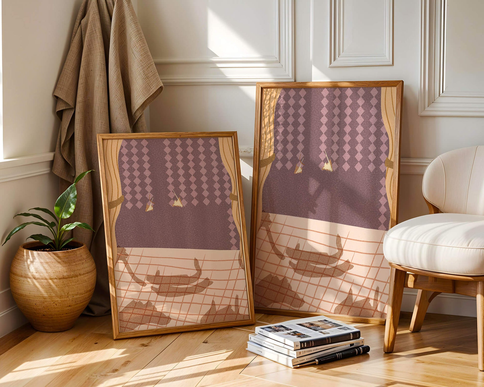 Abstract Interior with Cats' Shadows on Checkered Floor