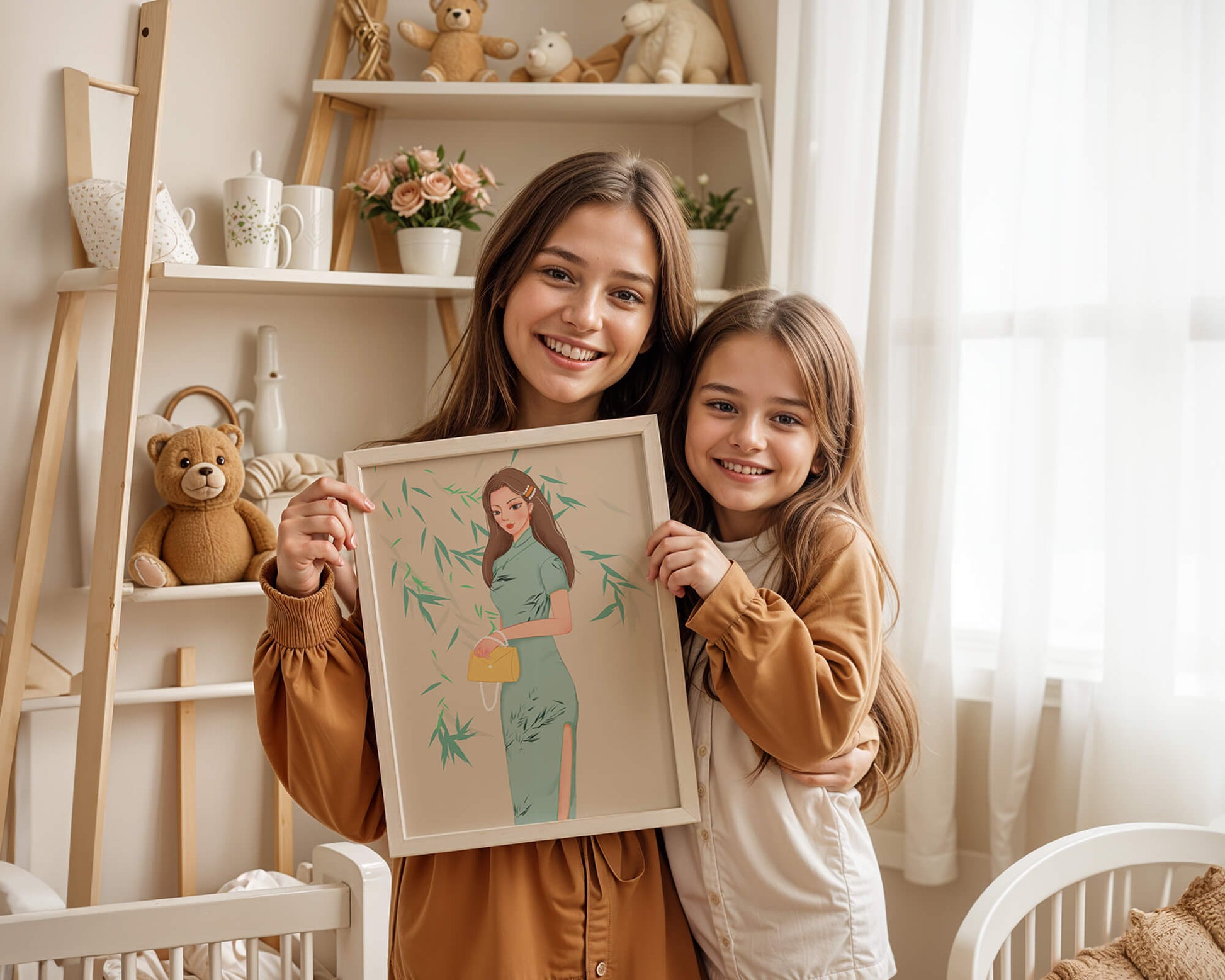 Mujer elegante con vestimenta tradicional sosteniendo un bolso amarillo con fondo de bambú