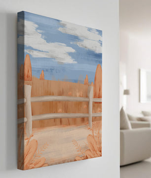Paisaje otoñal sereno con cerca de madera y cielo azul