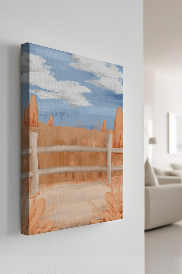 Paisaje otoñal sereno con cerca de madera y cielo azul