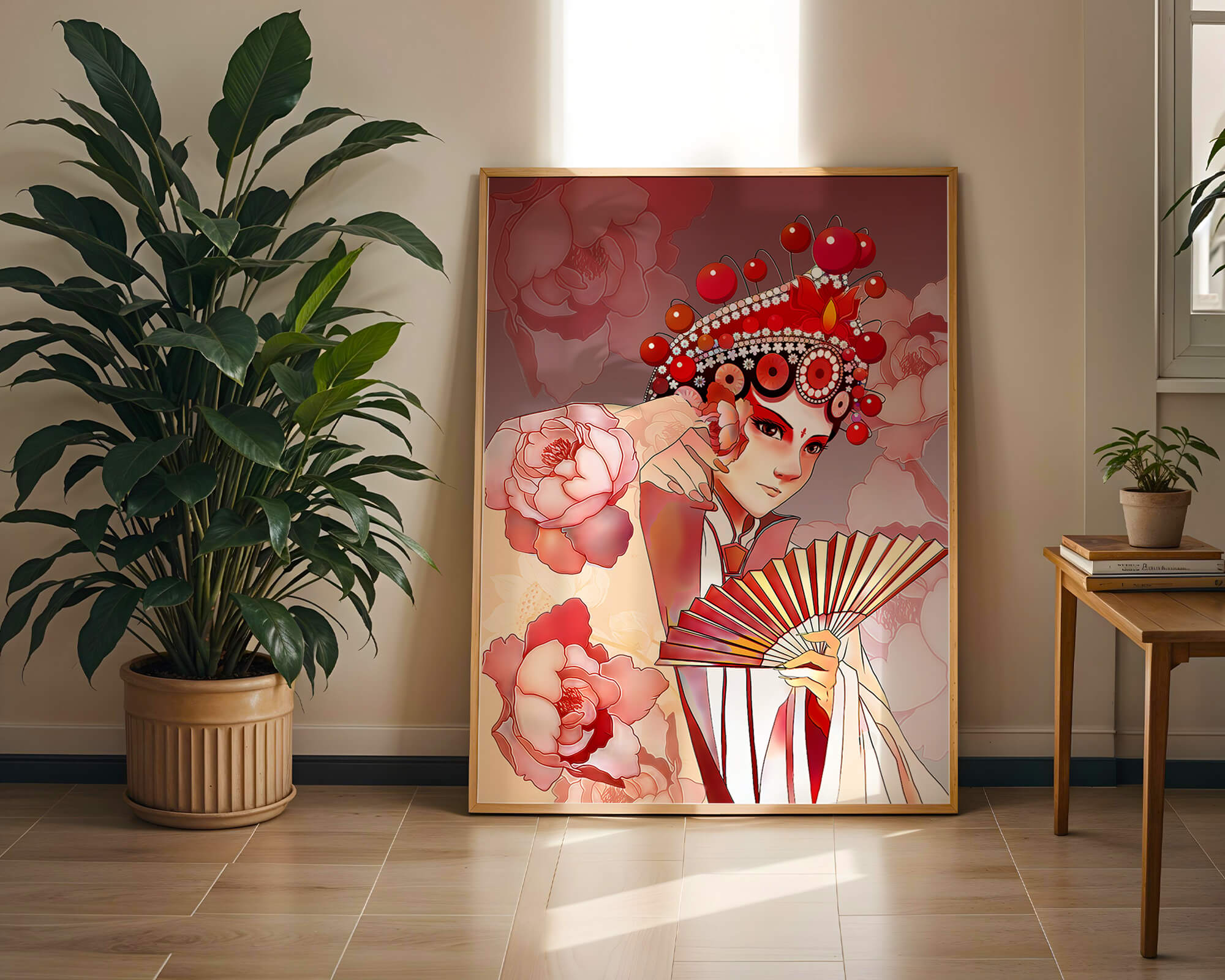 Traditional Asian artwork with floral motifs and ornate headpiece