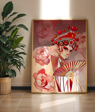 Traditional Asian artwork with floral motifs and ornate headpiece