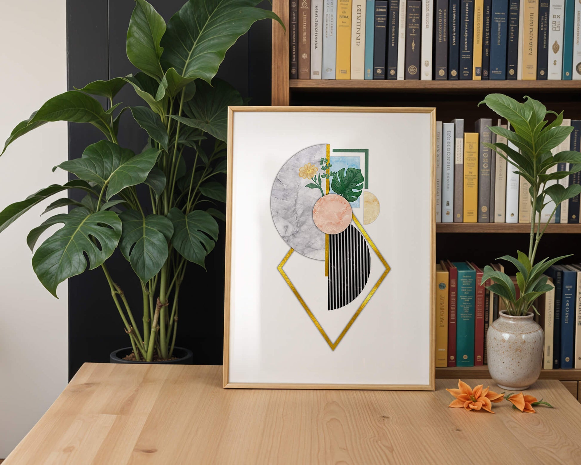 Abstract geometric art with floral and gold accents