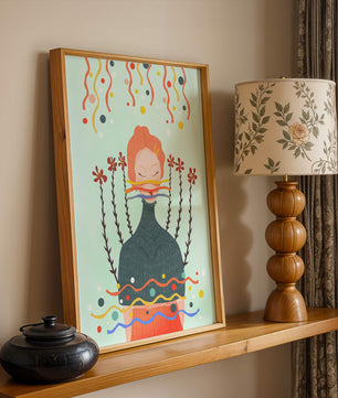 Whimsical Abstract Art of a Woman with Flowers and Streamers - Mi tienda