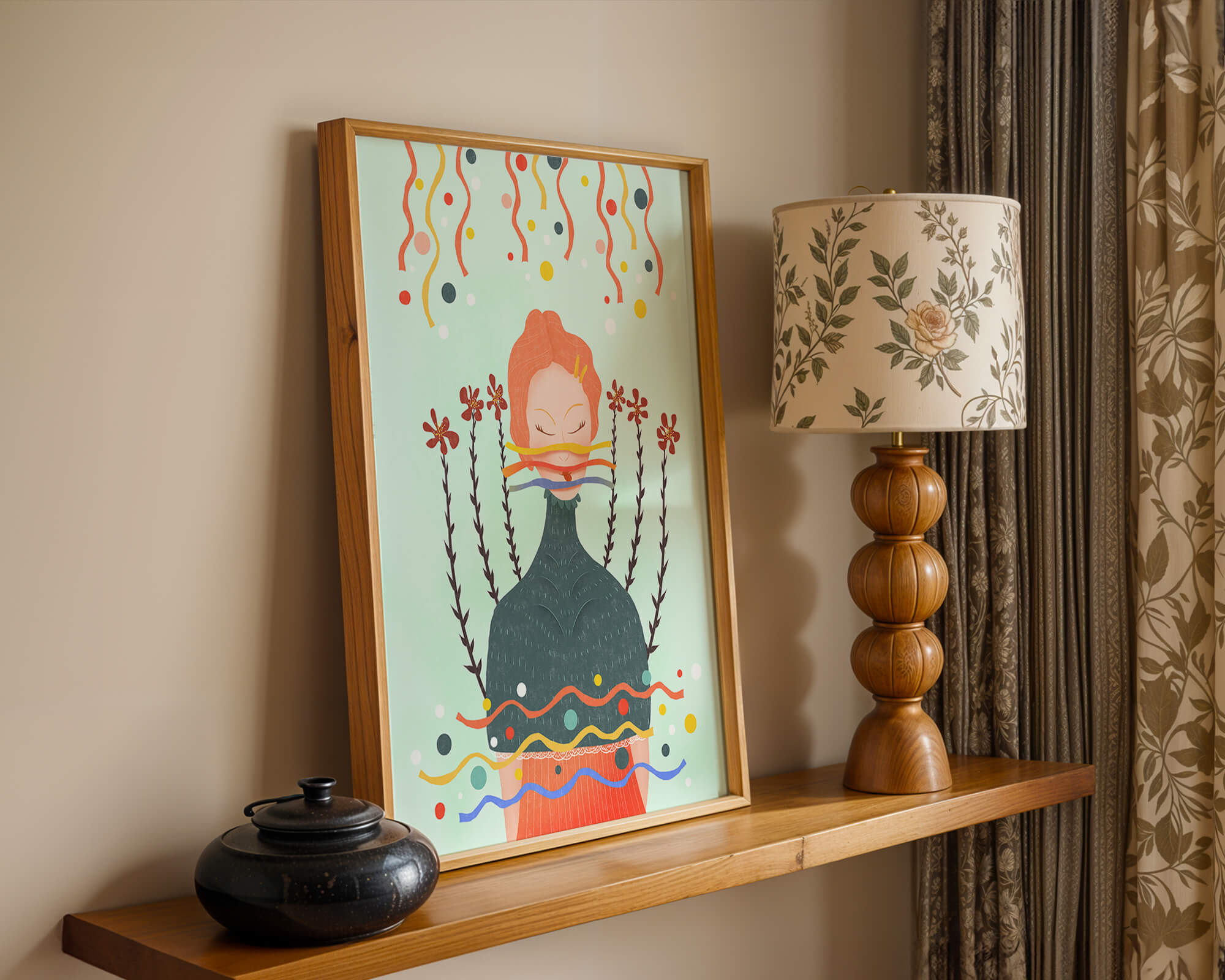 Whimsical Abstract Art of a Woman with Flowers and Streamers - Mi tienda