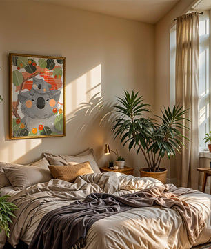 Koalas dans un cadre naturel vibrant aux tons orange et verts