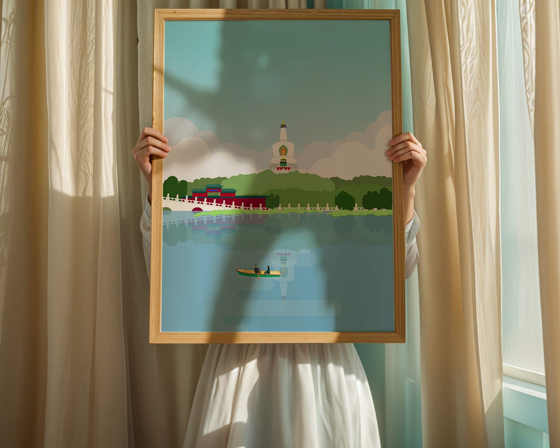 Serene lake scene with pagoda and rowing boat