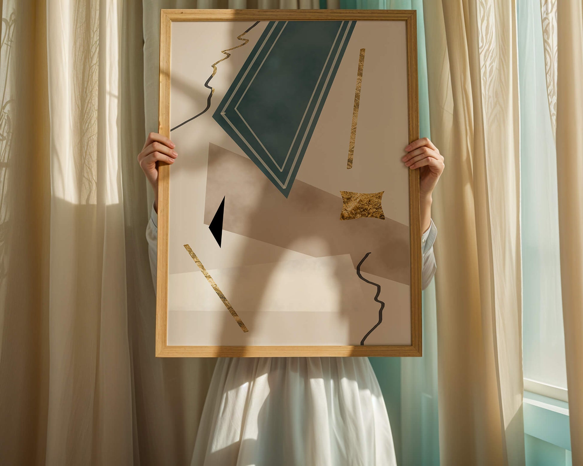 Abstract geometric artwork with gold accents and dynamic shapes
