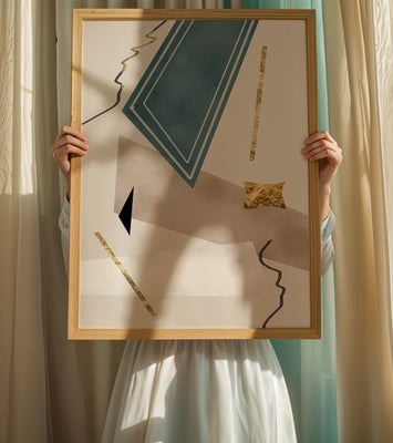 Abstract geometric artwork with gold accents and dynamic shapes