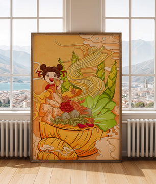 Ilustración colorida de un niño disfrutando de un tazón de fideos con verduras