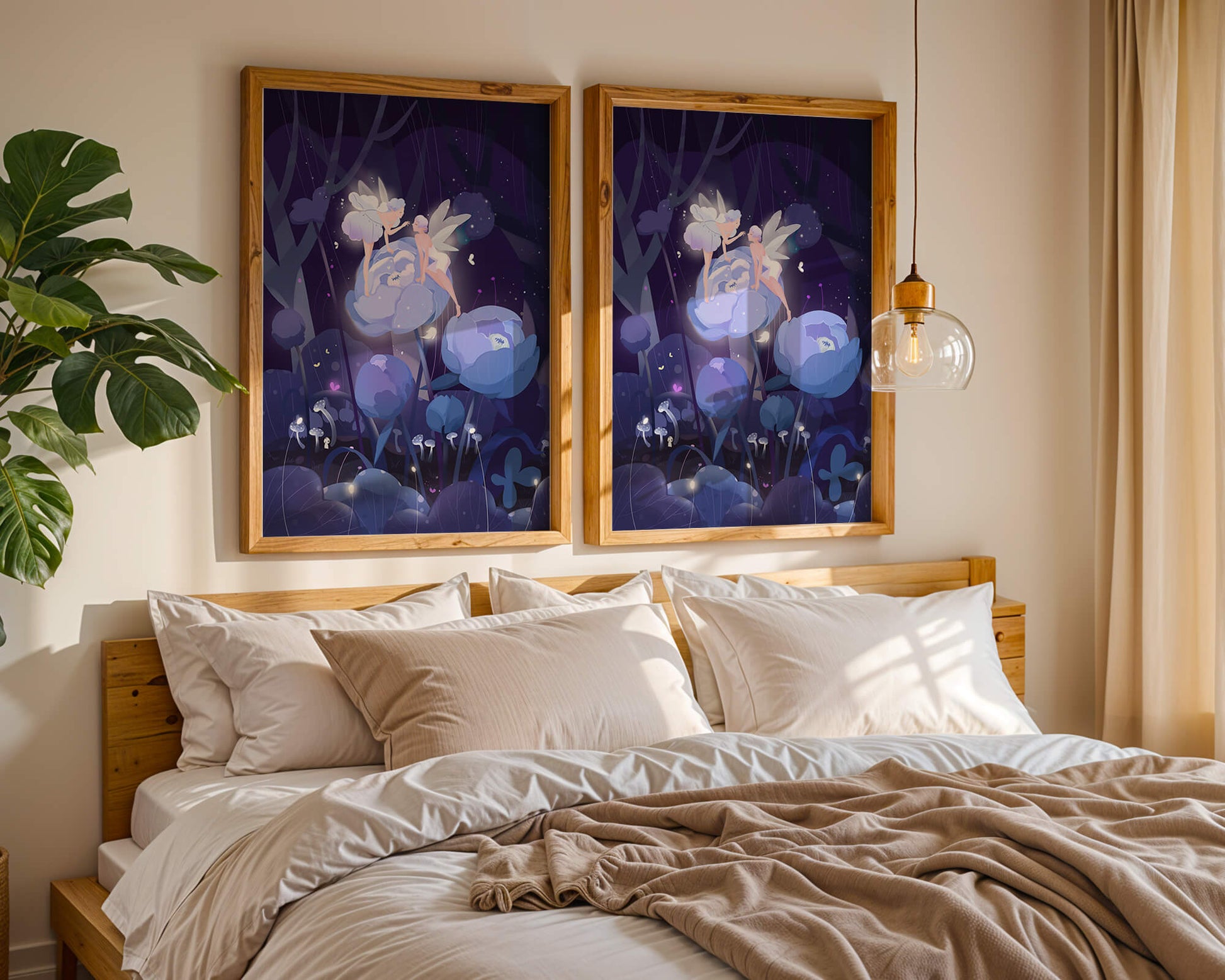 La forêt enchantée avec des fées et des fleurs lumineuses la nuit