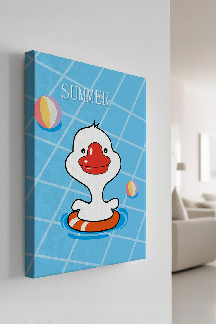 Cartoon duck swimming in a pool with summer beach elements