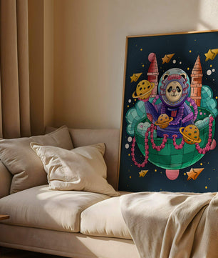 Whimsical space panda illustration with planets and stars