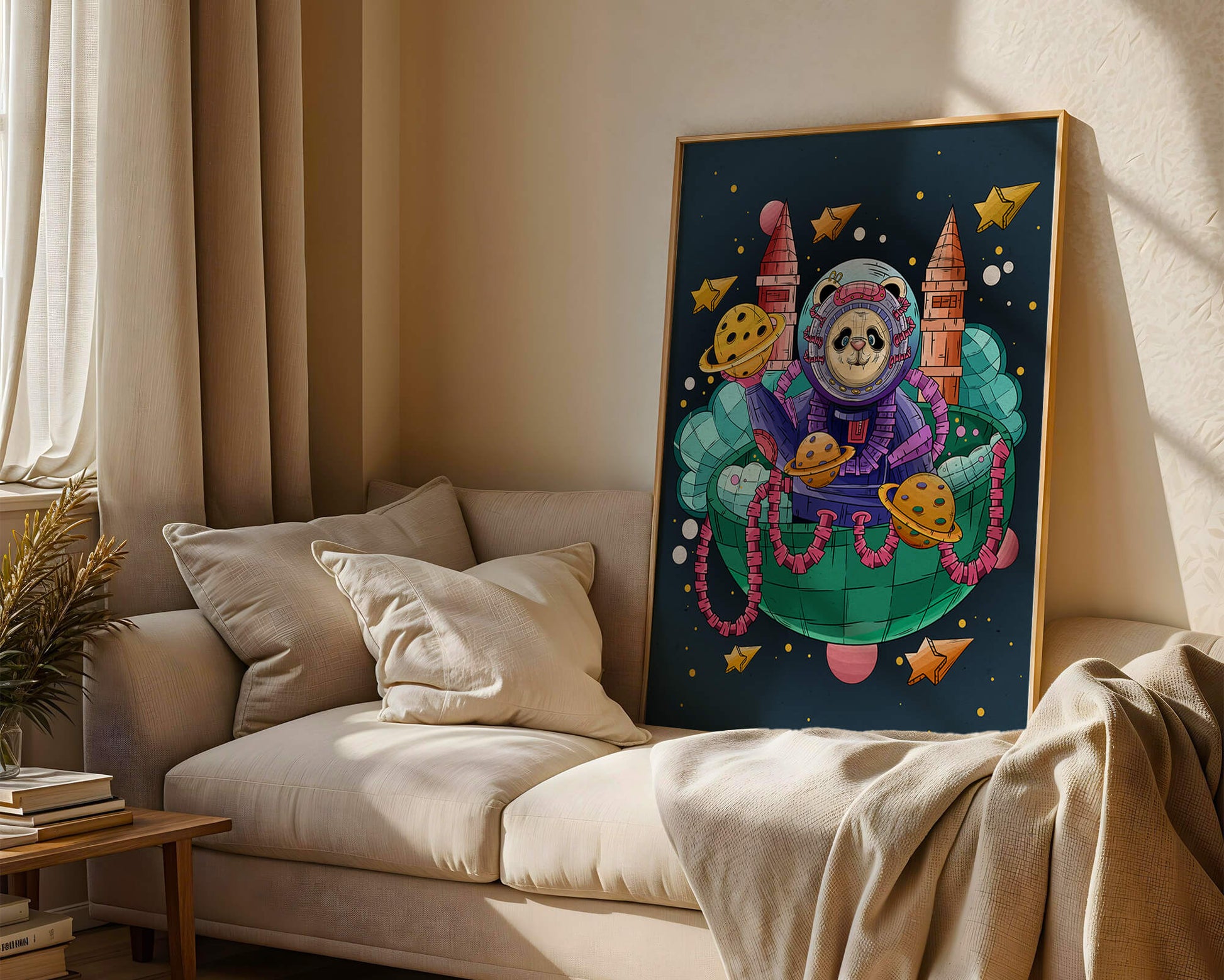 Whimsical space panda illustration with planets and stars