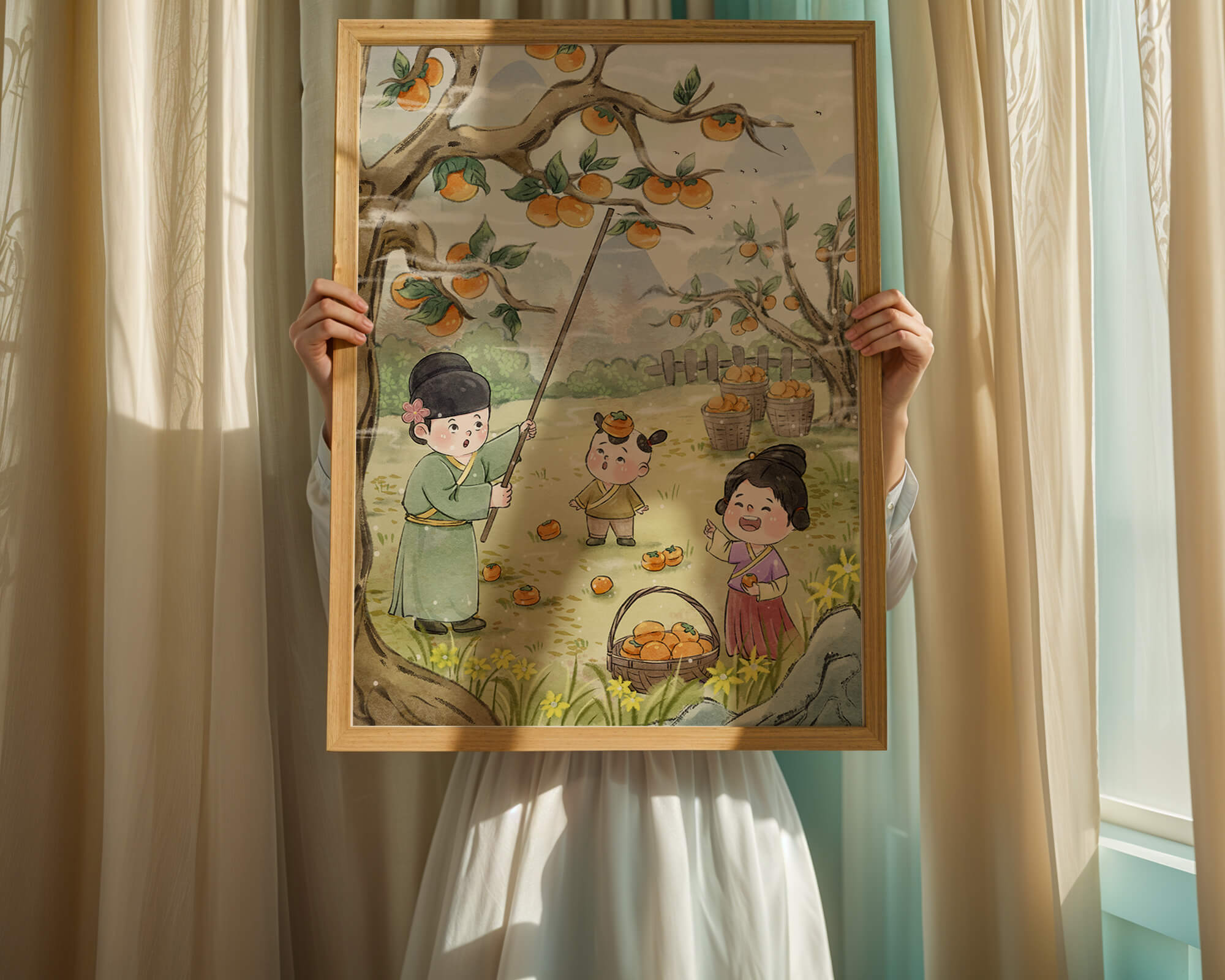 Illustration of children harvesting persimmons in a traditional setting