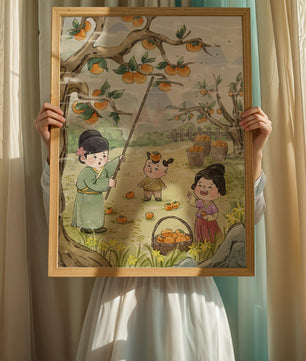 Illustration of children harvesting persimmons in a traditional setting