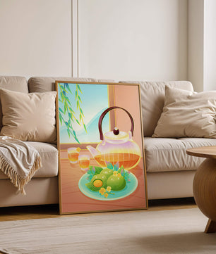 Tea set with green treats and bamboo leaves in serene setting