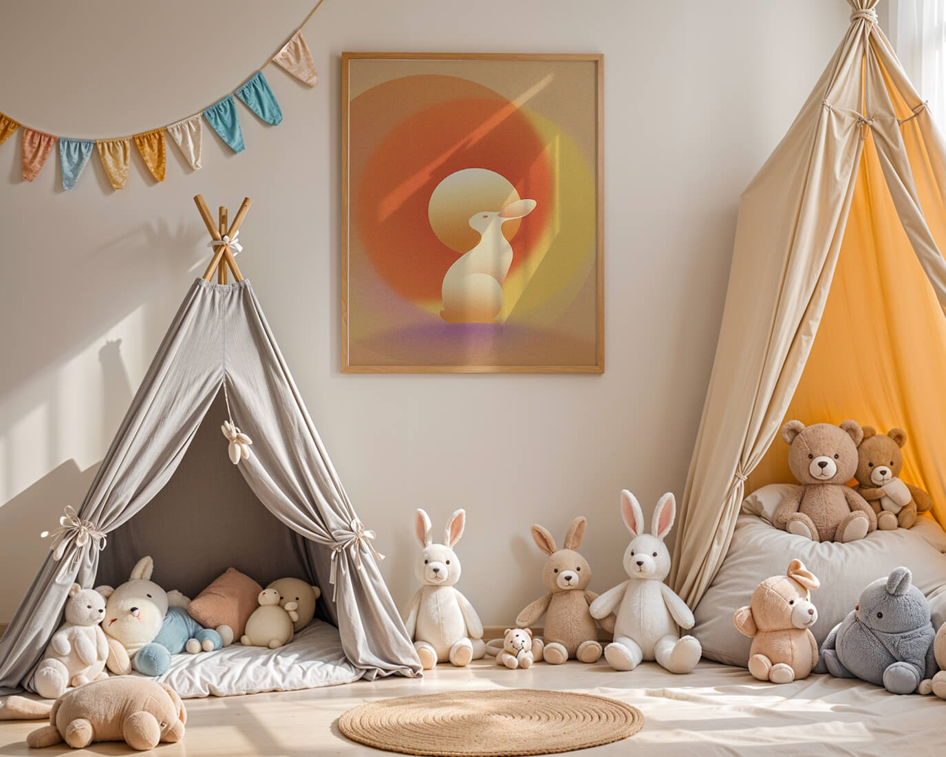 Majestic White Rabbit with Sun and Abstract Circles