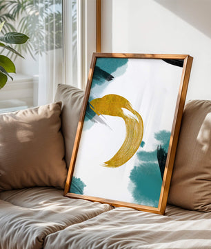 Abstract Gold and Teal Brush Strokes on White Background