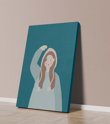 Illustrated girl with hoodie on teal background