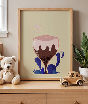 Illustration eines skurrilen Weinglases mit Flüssigkeitsspritzern und violetten Pflanzen