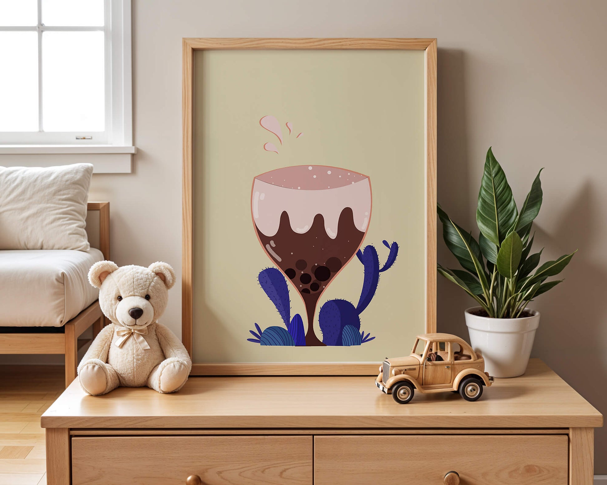 Illustration of a whimsical wine glass with liquid splash and purple plants