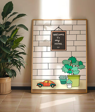 Kreidetafel-Schild mit Topfpflanzen und Spielzeugauto auf Ziegelmauer-Hintergrund