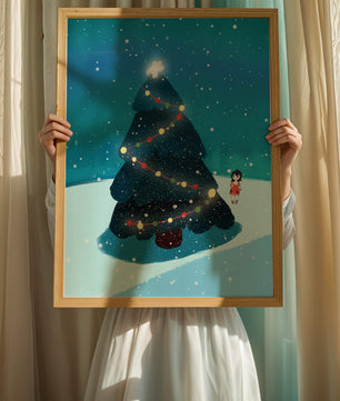 Winter scene with decorated Christmas tree and snowfall
