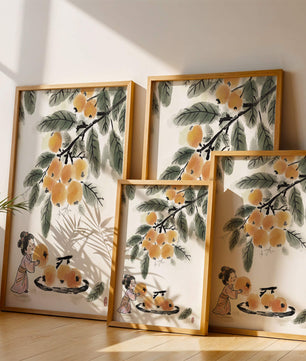 Arte japonés con una niña recogiendo caquis bajo un árbol