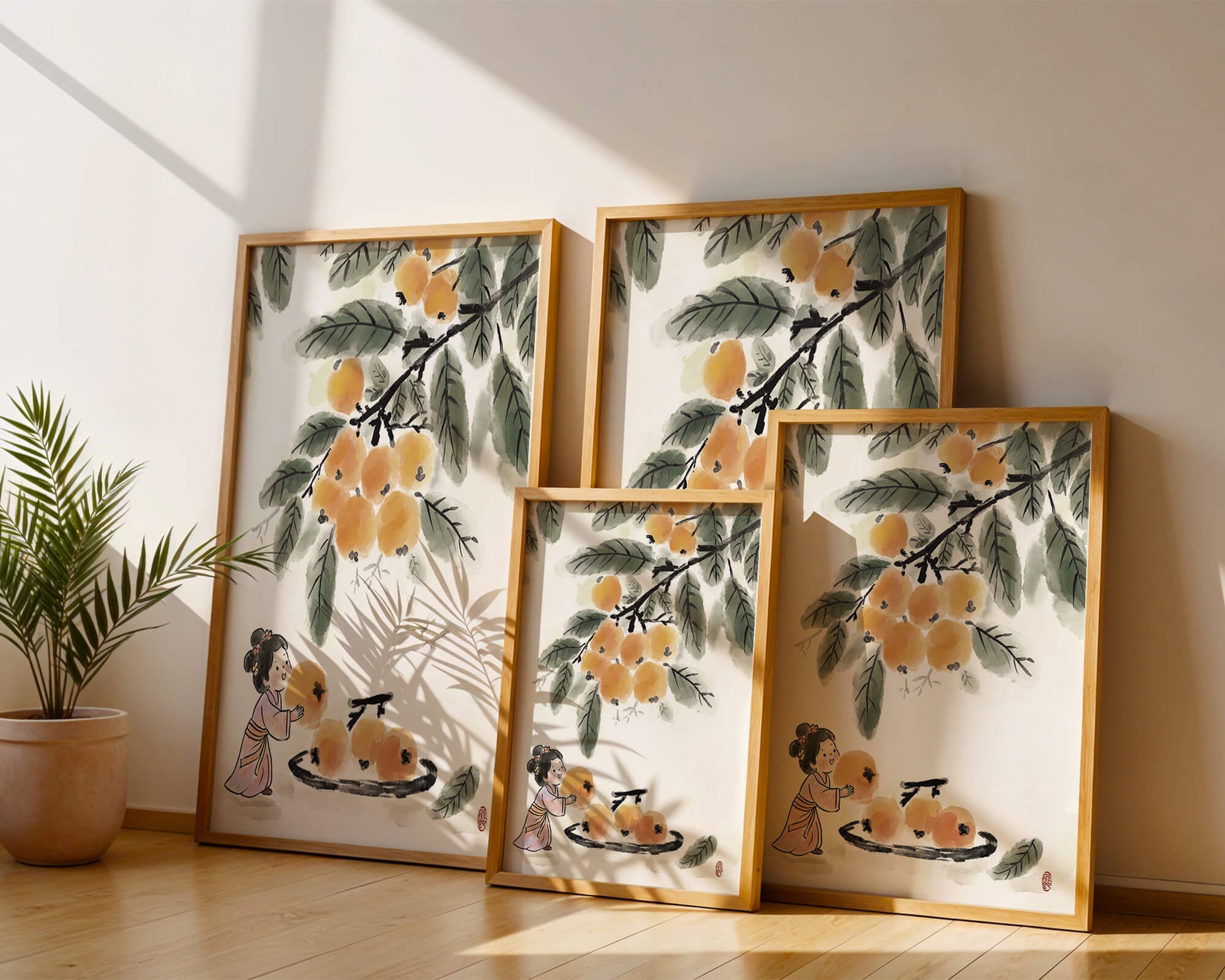 Arte japonés con una niña recogiendo caquis bajo un árbol