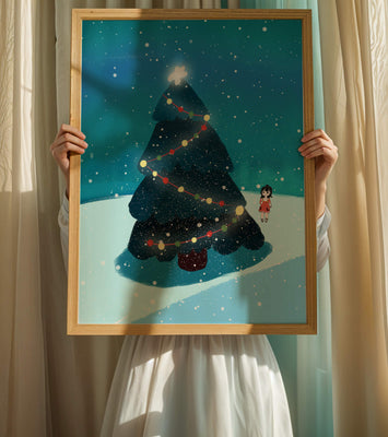 Winter scene with decorated Christmas tree and snowfall