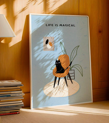 Charming Cat Relaxing on a Chair with Inspirational Quote and Art
