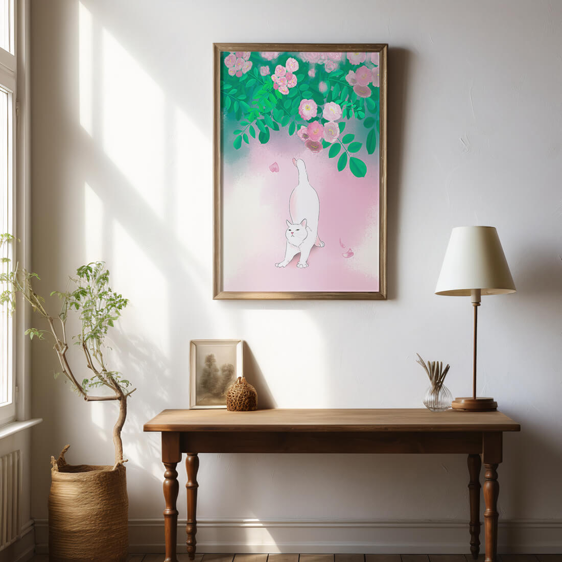 White cat stretching beneath blooming flowers in a pastel garden setting